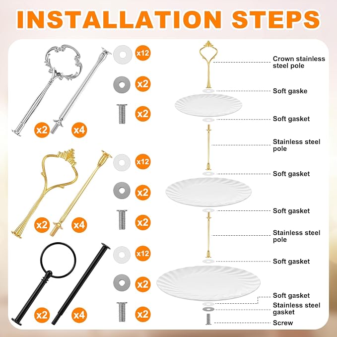 6 Sets 3 Tier Cake Stand Hardware Tiered Tray Plate Hardware Kit Heavy Metal Cake Fruit Food Plate Stand Fitting Stacking Kit for Serving Dessert Cupcake Dish Food(Cute,Black, Silver, Gold)