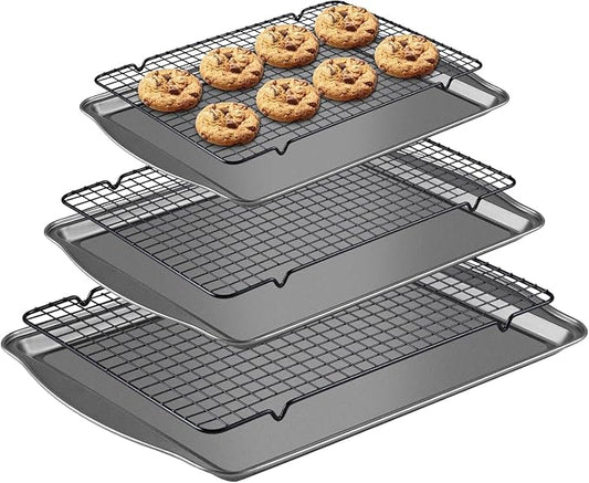 Hunnycook Baking Sheet with Rack Set - 3 Baking Sheets + 3 Cooling Racks, Carbon Steel Cookie Sheets & Cooling Racks in Multiple Sizes, Thickened & Warp-Resistant, Dishwasher Safe