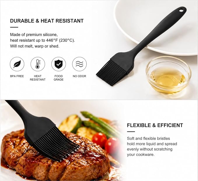 Heat Resistant Silicone Pastry Brush – BPA-Free Black Basting Brush for BBQ, Baking, Cooking, Spreading Butter, Oil, Marinades, 600℉ Safe, Dishwasher Friendly, 2-Pack