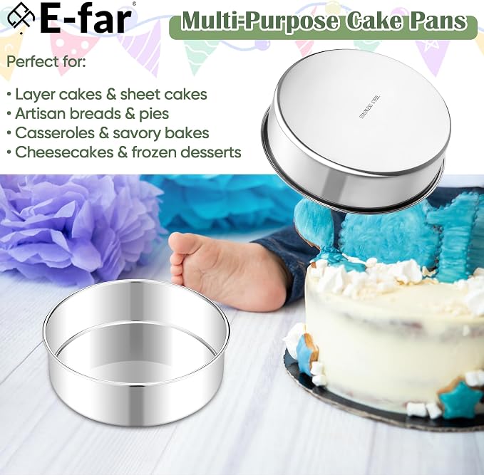 E-far 7 Inch Cake Pan Set of 2, Stainless Steel Round Baking Pans Tins Mold - Non-Toxic & Leak-Proof for Birthday Wedding Layer Tiered Cake, Easy Clean & Dishwasher Safe