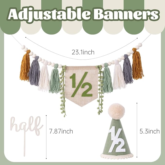 CWK Half Birthday Decorations for Baby, 1/2 Birthday High Chair Banner with Cone Hat & Cake Topper, Half Way to One Party Kit, Photo Props for 6 Month Baby Birthday(Green)