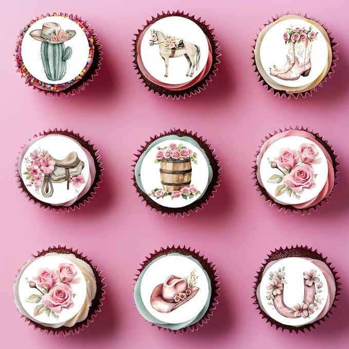 36PCS Edible Floral Horse Cupcake Toppers Wafer Paper Pink Pop-up Derby Horse Cowgirl Cake Picks Edible Rodeo Western Boots Cupcake Toppers for Jockeys Equestrian Theme Supplies