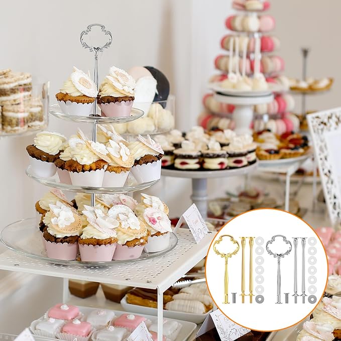 Patelai 6 Sets 3 Tier Cake Stand Hardware Tiered Tray Plate Hardware Kit Metal Cake Fruit Food Plate Stand Fitting Stacking Kit for Serving Dessert Cupcake Dish (Sun Flower,Gold,Silver)