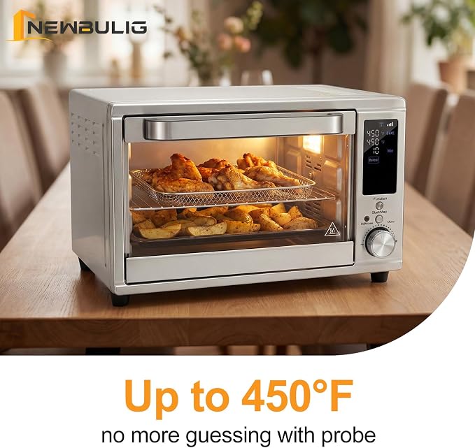 NEWBULIG 30QT Air Fryer Toaster Oven, 13-in-1 Multi-Function Smart Airfryer, Large Countertop Air Fryer Oven, 0-450°F Heating Control, 120 Min Timer, Chrome Fry Basket, Interior Light