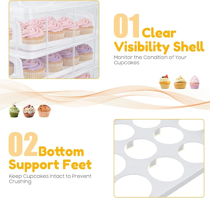 4-Tier Cupcake Carrier Stackable Storage Container,Store up to 48 Cupcakes | Plastic stackable trays with Lid and Handle. Lightweight for parties, baking, travel. Keeps cupcakes secure. BPA-free.