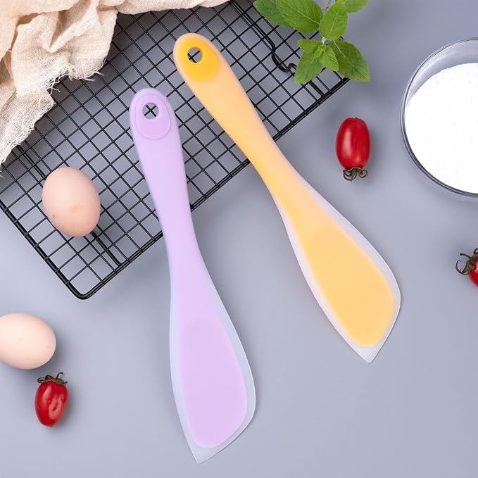 Silicone Jar Spatulas, 10 Inch Narrow Spatula Set for Scraping Peanut Butter, Sourdough, Jam in Small Containers, Blenders and Baking (1 Yellow, 1 Purple)