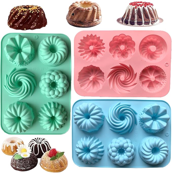 3pcs Silicone Donut Baking Molds,Multicolor Doughnut Pans,6-Cavity Designs Donut Flower And Swirl Shaped,Suitable for Crafting Delectable Desserts