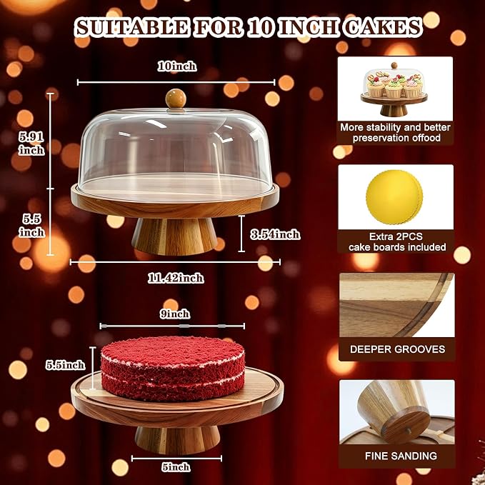 Acacia Wood Cake Stand with Lid, 11.42-inch Round Footed Display, 2-in-1 Reversible Design for Cupcakes, Charcuterie, Fruit Snacks, Weddings, Parties, Birthdays, Daily Home & Kitchen Decor