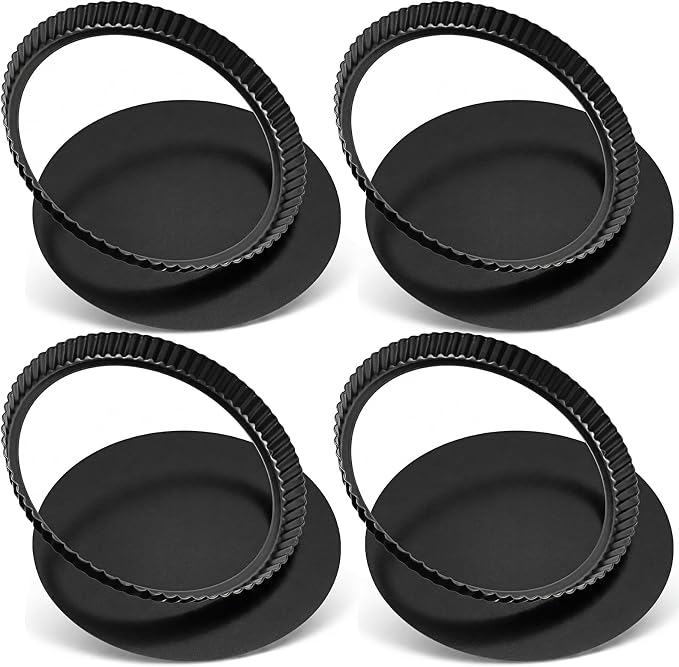 11 Inch Tart Pan with Removable Bottom, Non-Stick Pie Pan for Baking, Carbon Steel Quiche Baking Dish for Mousse Cakes, Fruit Desserts (Set of 4)