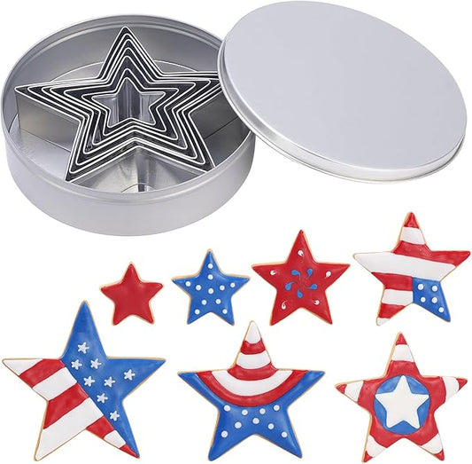 7-Piece Star Cookie Cutter Set with Metal Storage Tin | Stainless Steel Baking Tools for Cookies, Biscuits, Sandwiches | Kids Holiday Party Gift, Food Safe & Dishwasher Safe