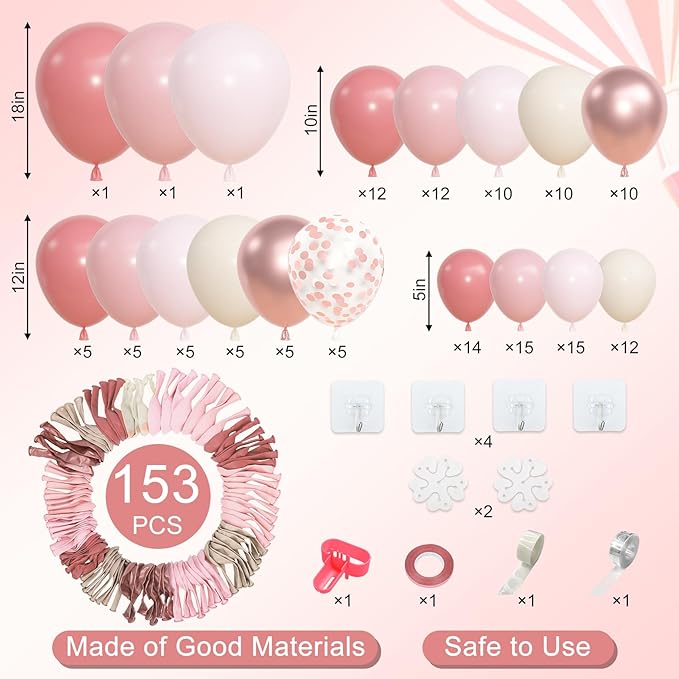 Amandir 153pcs Dusty Pink Balloon Garland Arch Kit, Different Sizes 18 12 10 5 inch Retro Pink Sand White Latex Confetti Balloons for Women Bridal Shower Birthday Party Decorations