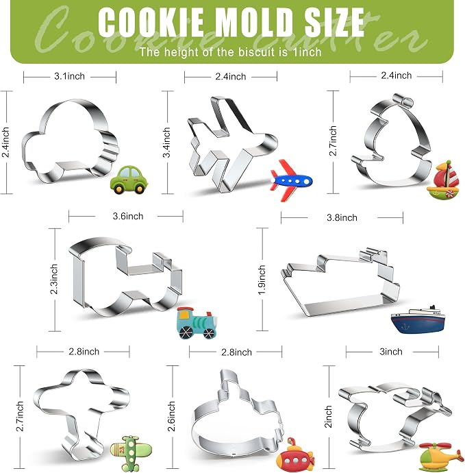 ZADE Transportation Theme Car Boat Airplane Cookie Cutters Set 12 Pcs Non-Stick Stainless Steel Cookie Biscuit Sandwich Mold, Fruit Cake Fondant Cutter for Baking