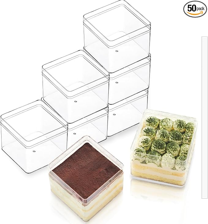 50 Pack 12OZ Square Clear Plastic Cups with Lids and Stickers Disposable Fruit Cups for Dessert,Tiramisu container with lid,Cupcake,Parfait,Pudding,Iced Cold Drinks,Snacks,Fruits,Bakeries