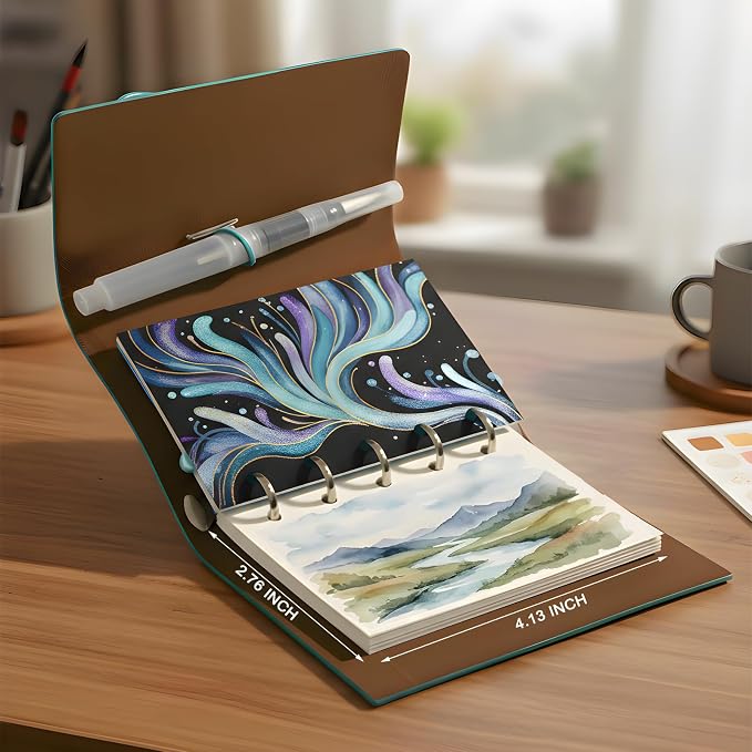 Mini Travel Watercolor Sketchbook Set - 24 Colors Pocket Paint Kit (6 Metallic, Neon, Macaron) with Refillable 300gsm Black & White Paper - PU Leather Urban Sketching Binder & Water Brush Gift