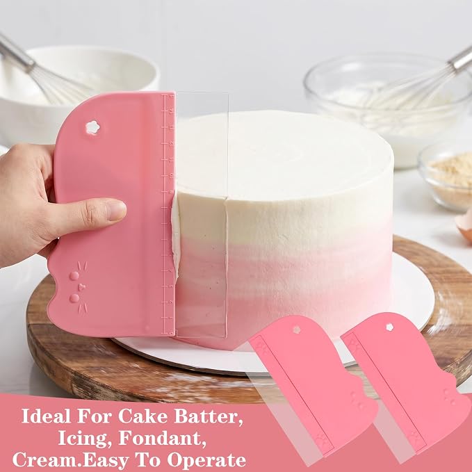 12Pcs Cake Scraper Smoother Scraper Set, Alisador de Acetato Para Pasteles - 2 Pink ABS+PVC Scrapers with 10 Transparent Blades for Baking and Decorating