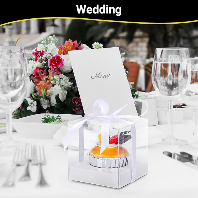 EUSOAR Disposable Clear Cupcake Boxes, 50pcs 3.5 Inch Plastic White Individual Cupcake Carrier Storage for Cake Dessert, Single Transparent Cupcake Holder Containers for Wedding Party