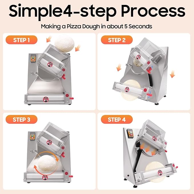 4-12" Pizza Dough Roller Sheeter, 110V 370W Automatic Stainless Steel Pizza Press Dual Rollers Press Machine Adjustable Thickness Pastry Sheeter w/Cover for Pie Crusts Pita Breads Tortillas