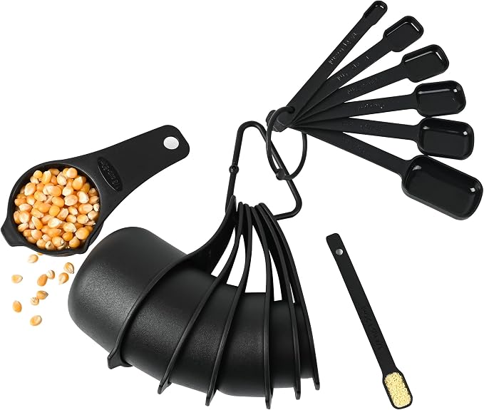 Black Measuring Cups and Spoons Set 15, Plastic Mesuring Cups and Spoons, 7 Plastic Measuring Cups and 7 Measuring Spoons with leveler, Cute Measure Cups for Baking & Kitchen