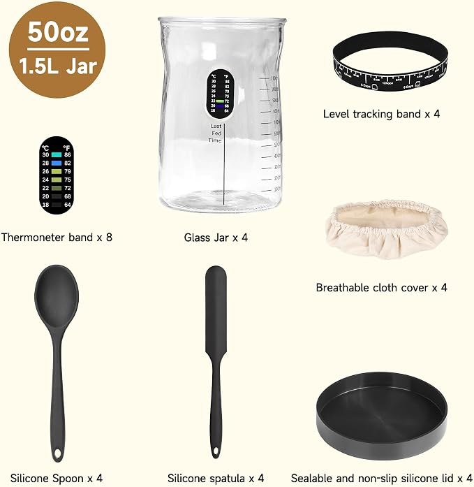 50 oz Large Sourdough Starter Jar Glass - Wide Mouth Sourdough Starter Kit with Lid for Beginners with Spatula, Feeding Instructions & Recipes (4 Pack)