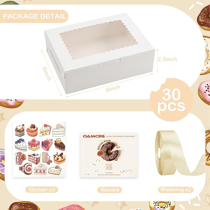 OAMCEG 30 Pack Cookie Boxes with Window, 8x6x2.5 Inch Bakery Treat Boxes for Christmas Holiday Gift Giving, Desserts, Donuts, Pastries-White
