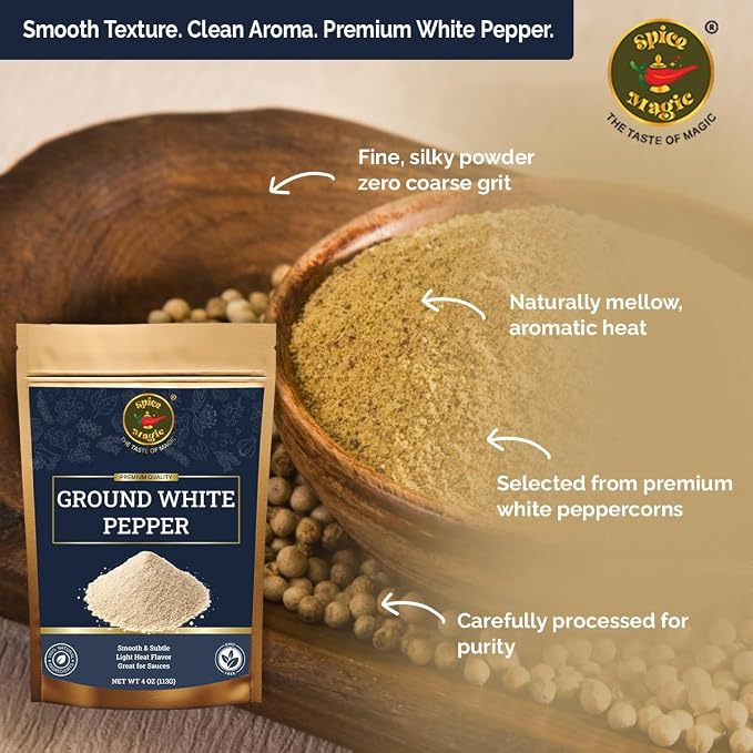 Spice Magic Ground White Pepper 4 oz | Gentle, Mild Heat and Subtle Flavor Perfect For Light Sauces, Soups, Chicken, and Seafood.