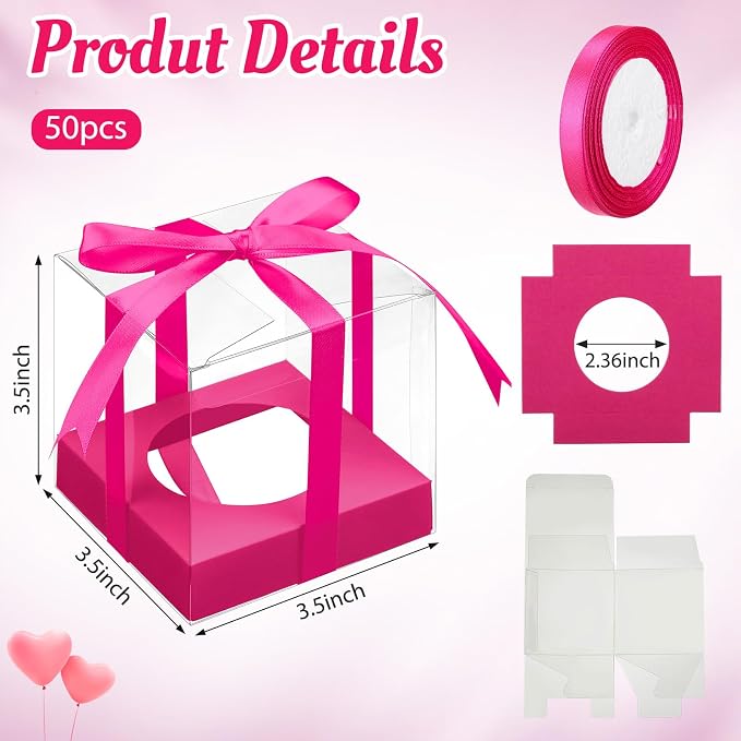 Thenshop 50 Pcs Clear Cupcake Boxes Individual 3.5 Inch Plastic Single Cupcake Containers Boxes with Inserts and Ribbon Individual Cake Storage Holders for Cake Kitchen (Hot Pink)