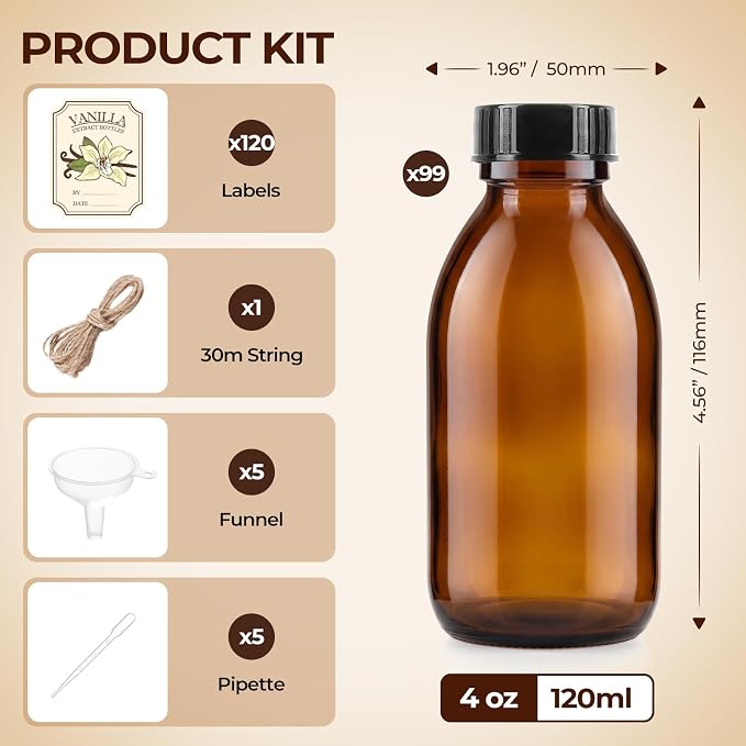 99 Pack 4oz Vanilla Extract Bottles with Caps and Labels | Bulk Boston Round Amber Glass Bottles for Wedding Favors, Homemade Gifts, Essential Oils & Potions - Airtight & Leakproof