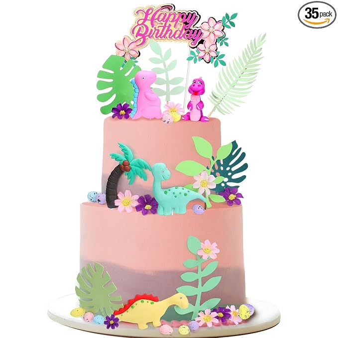 Marsui 35 Pcs Dinosaur Cake Topper, Dinosaur Cake Decorations with Happy Birthday Sign for Girls Birthday Baby Shower Safari Animal Themed Party