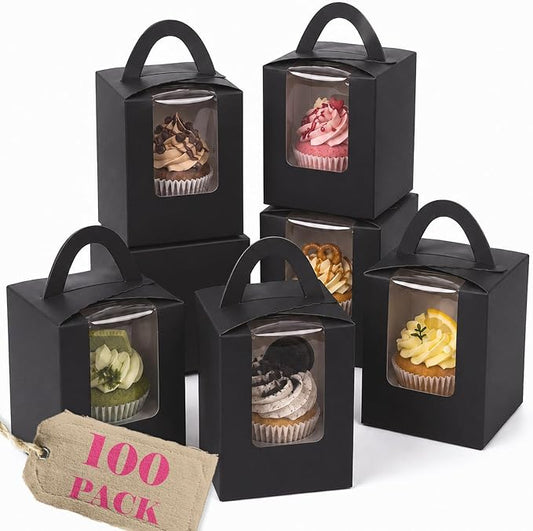 Bakepacker Individual Cupcake Boxes with Window 100 Count Black Single Cupcakes Box 3.6"X3.6"X4.3" Cupcake Carrier
