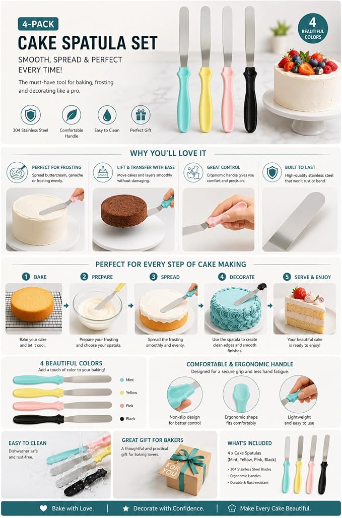 Piping Bags and Tips Set, Piping Tips, 20 Piping Tips + 4 Silicone Piping Bags + 4 Spatulas + 8 Socket Fixing Rings 36pcs Stainless Steel Suitable for Chefs and Kitchens (4-Pack)