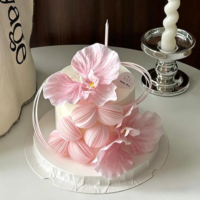 60PCS/80PCS Wafer Paper Round Pieces 3D Spherical Cake Edges Rice Paper Swan Rose Flower Round Cupcake Decoration Inserts (80, Pink, Large)