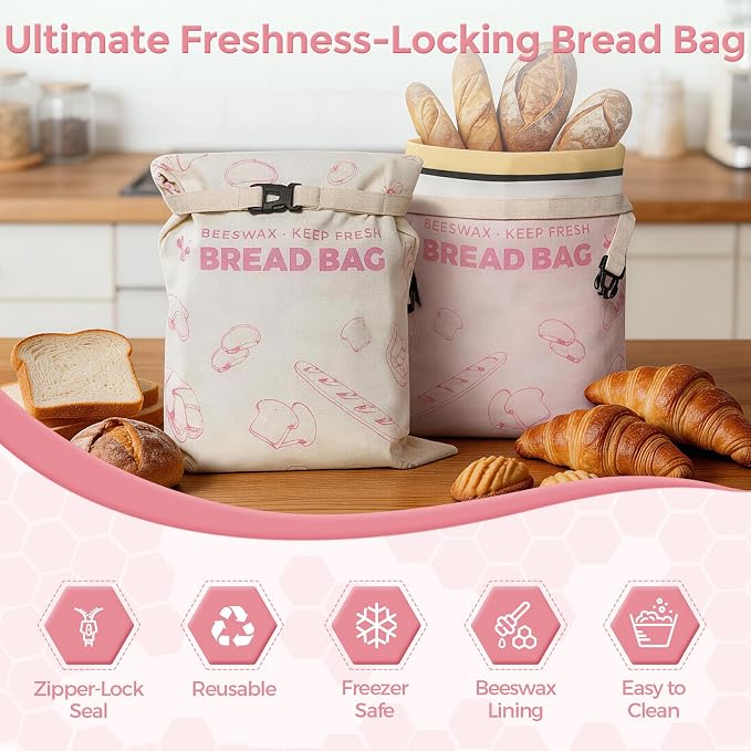YARRAMATE Reusable Beeswax Bread Bags for Homemade Bread & Sourdough, 2 Pack XL 17x13in Cotton Bread Storage Bags with Zipper for Loaf, Baguette, Bagels and Sandwich Bread, Freezer Safe, Pink