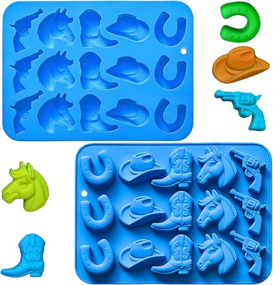 2PCS Cowboy Chocolate Molds Silicone, Western Theme Mold Set for Candy Making, Cake Decorations, Candle & Resin Crafts – Includes Cowboy Hat, Boot, Horse, Saddle (Heat-Resistant, Dishwasher Safe)