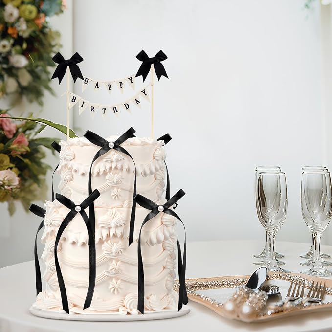 Honeydak 11 Pcs Black Bow Ribbon Cake Topper Happy Birthday Cake Bunting Topper with Wood Pole Handmade Pennant Flags with Bows Ribbon for Birthday, Bridal Party Decoration