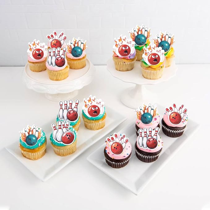 60 PCS Edible Bowling Cupcake Toppers Wafer Paper Sports Ball Cupcake Picks Edible Bowling Cupcake Decorations for Sports Theme Baby Shower Kids Birthday Party Cake Decorations Supplies