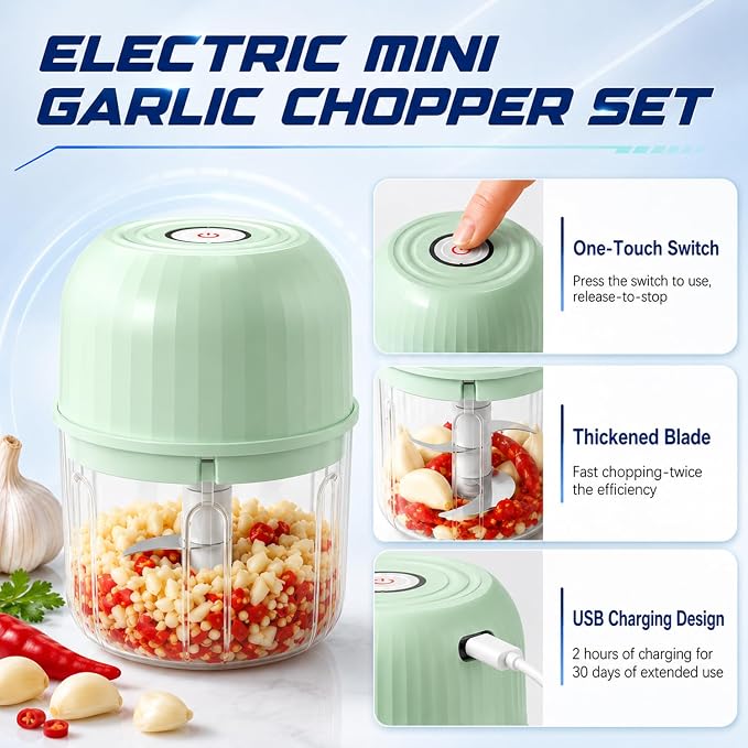 Electric Garlic Chopper, Cordless Mini Food Processor Rechargeable | 6 Stainless Steel Blades,Cordless USB-C Rechargeable,No Garlic Smell on Hands, Splash-Proof Design,Food-Grade PP