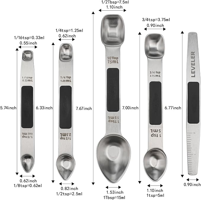 Magnetic Measuring Spoons Set Stainless Steel Double Sided Measuring Spoons with 1 Leveler Measuring Teaspoon Tablespoon for Dry and Liquid Ingredients (5, Black)