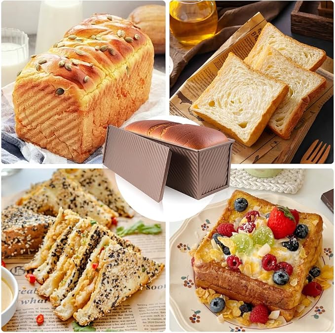 Large Pullman Loaf Pan with Lid, 13 x 4 Inch 2 lbs Non-Stick Rectangle Bread Pan with Lid and Dough Scraper Cutter, Reusable Sourdough Loaf Pan for Homemade Bread & Toast, Rose Gold