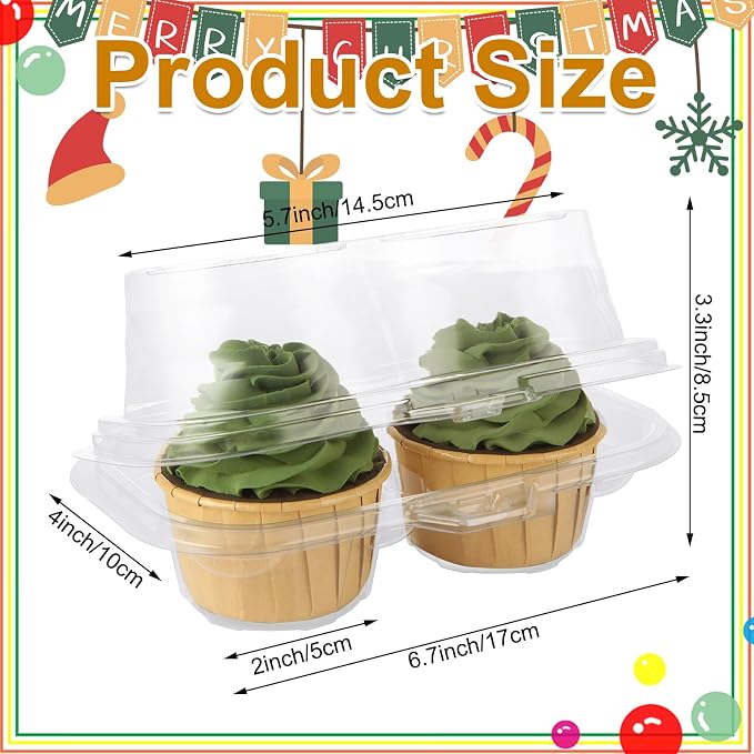 YOUNTHYE 100PCS Cupcake Containers 2 Count Clear Cupcake Boxes Disposable Cupcake Holder with Lid Plastic Cupcake Containers 2 Cavity High Topping Cupcake Container for Cupcakes Muffins Pies