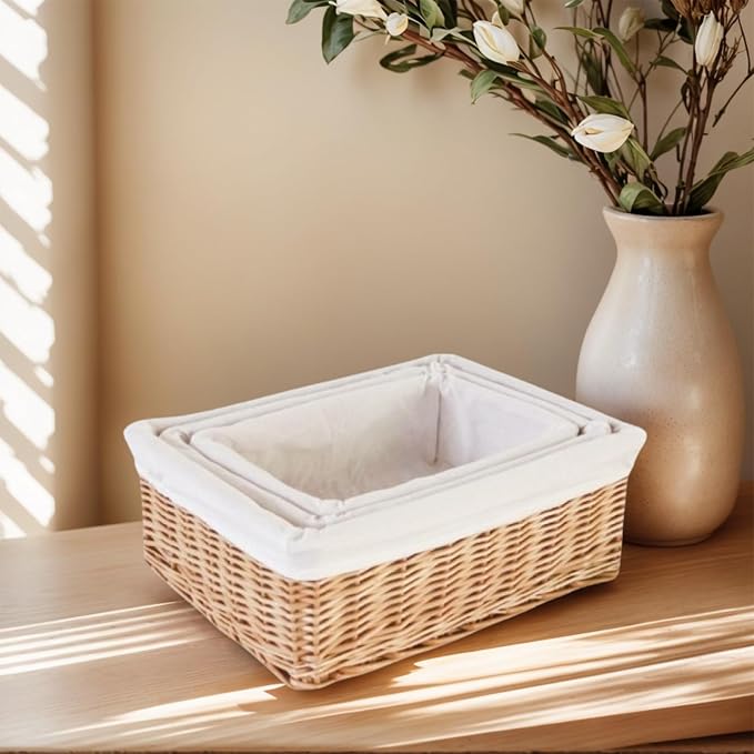 Handwoven Rattan Storage Basket with Removable Fabric Liner Desktop Organizers for Home Organization and Decoration Natural Fiber Closet Organizers Basket