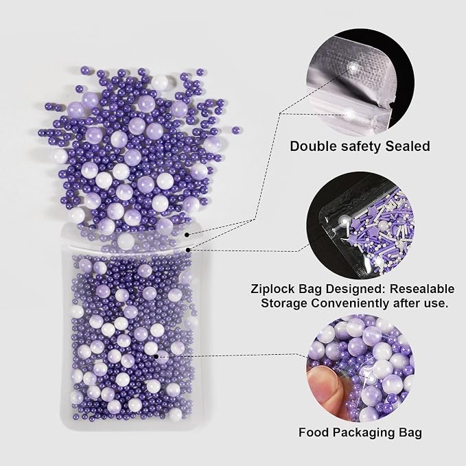 HUEBEATY 6-in-1 Purple Sprinkles for Cake & Cupcake Decorating – 180g Edible Sanding Sugar & Pearl Sprinkles Mix for Birthday, Wedding, Unicorn & Mermaid Themes (Purple and Silver)
