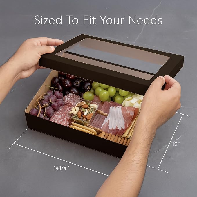 Restaurantware Cater Tek 14.3 x 10 x 3.2 Inch Baked Goods Boxes 100 Greaseproof Pastry Boxes - Window Lids Insert Tab Lock Black Paper Catering Boxes Easy Assembly For Charcuterie Or Cupcakes