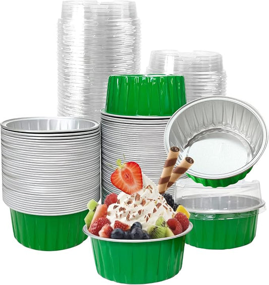 100Pcs Aluminum Cups with Lids,5oz Disposable Ramekin Baking Cups Muffin Liners Mini Pie Pans Foil Cupcake Containers for Christmas Party Wedding Party,Green