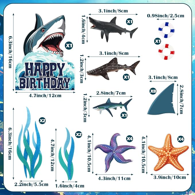 Hooqict 24Pcs Shark Cake Decorations Set with Mini Sea Animals Shark Cake Toppers & Cupcake Toppers for Ocean Theme Under the Sea Birthday Party Decorations Supplies