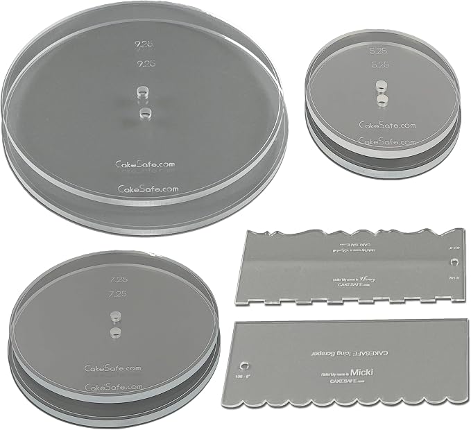 CAKESAFE Essential Cake Decorating Acrylic Disk Kit - 3 Sets - Round 5.25”, 7.25” and 9.25" Disk Sets (2 disks per size), 2-8" Icing Scrapers with 1 Scraper Edge and 3 Cake Comb Patterns