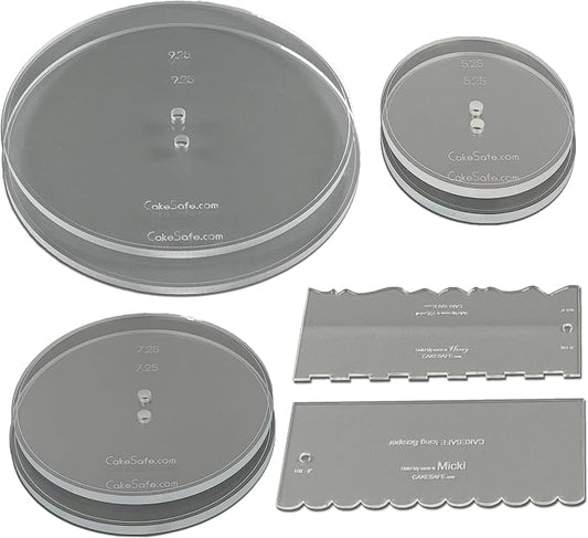 CAKESAFE Essential Cake Decorating Acrylic Disk Kit - 3 Sets - Round 5.25”, 7.25” and 9.25" Disk Sets (2 disks per size), 2-8" Icing Scrapers with 1 Scraper Edge and 3 Cake Comb Patterns