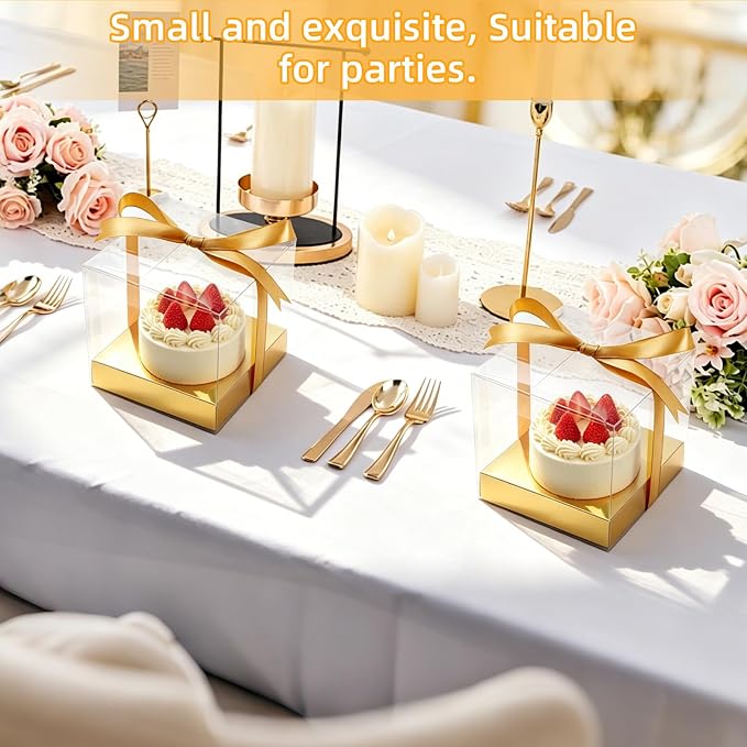 50 Pcs God Clear Plastic Cupcake Boxes, Individual 3.5 Inch Single Holder Containers with Insert and Ribbon, Paper Base for Wedding, Birthday, Party Favor Gift