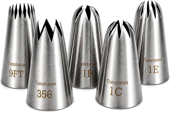5 Pack Extra Large Piping Nozzles, 9FT 1B 1C 1E 356# Seamless Stainless Steel Piping Icing Tips for Cupcake