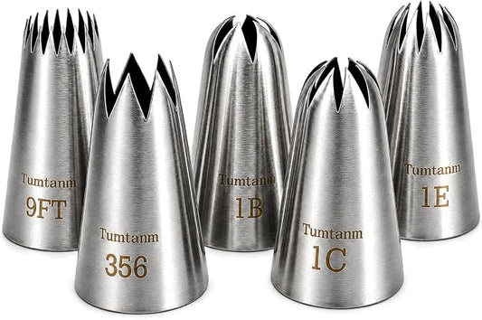 5 Pack Extra Large Piping Nozzles, 9FT 1B 1C 1E 356# Seamless Stainless Steel Piping Icing Tips for Cupcake