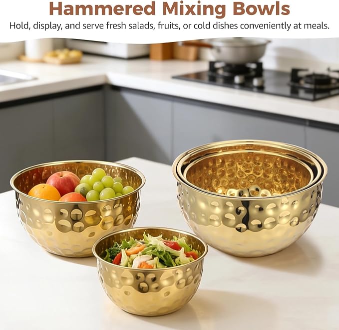 5 Pcs Stainless Steel Mixing Bowls, Gold Hammered Salad Bowl | 7.1/7.9/8.7/9.4/10.2 in, Round Stackable Serving Bowls for Kitchen Cooking, Baking, Food Prep